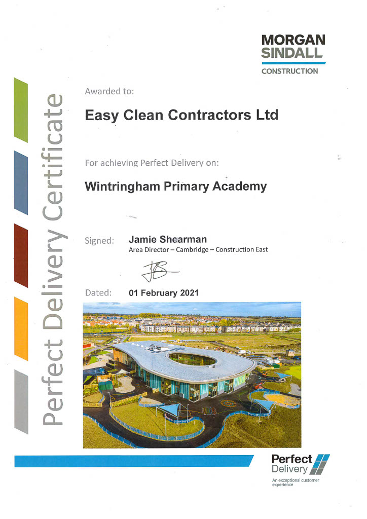 EC certificate for achieving perfect delivery at Wintringham Primary Academy